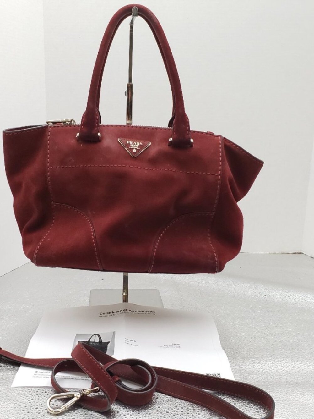 Prada Porpora Stitched Suede Medium Twin Pocket Handbag w/ Strap - Legitmark COA